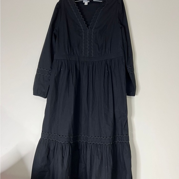 J Crew Midi Dress XS Cotton Blend Black Ruffle 3/4 Sleeve Scalloped Edge A051023 - Picture 2 of 8
